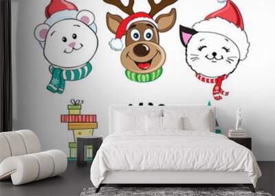 Merry Christmas head animals cat, polar bear, Christmas deer and lettering it`s happy time on a white background Wall mural